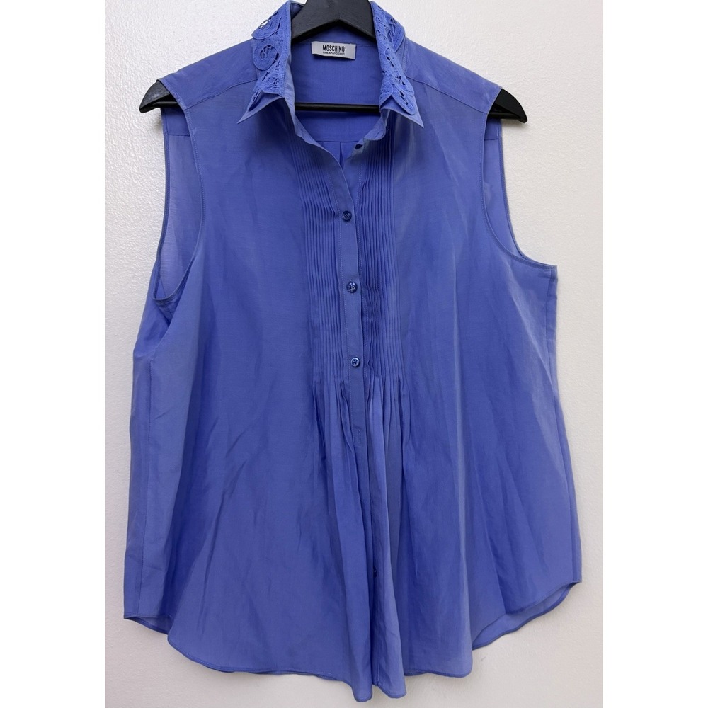 Moschino Cheap and Chic Blouse Women 14 Silk Sleeveless Tank Preppy Blue Minimal